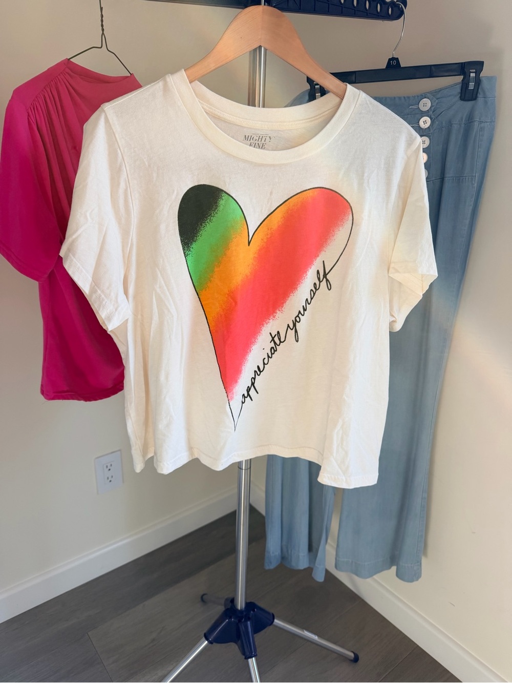 Mighty Fine White Tee with Rainbow Heart Graphic “appreciate yourself” 1X